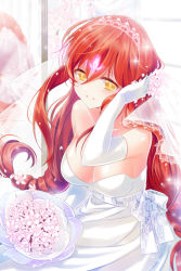 Rule 34 | 1girl, arm up, bare shoulders, blush, bouquet, bow, braid, breasts, cleavage, collarbone, dress, elbow gloves, flower, gloves, grin, hair between eyes, holding, large breasts, long hair, lowres, mother demon (sword girls), open mouth, red hair, reum, smile, solo, strapless, sword girls, veil, very long hair, wedding dress, yellow eyes