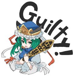 Rule 34 | 1girl, asymmetrical hair, bifidus (exkagerou8665), blue hat, commentary request, cropped torso, frilled hat, frills, green eyes, green hair, hat, highres, juliet sleeves, long sleeves, looking at viewer, medium hair, one-hour drawing challenge, open mouth, puffy sleeves, rod of remorse, shiki eiki, simple background, solo, touhou, white background