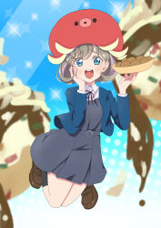 Rule 34 | 1girl, :d, absurdres, airborne, animal hat, aqua eyes, azukibatake, blue background, blue jacket, blurry, blurry background, brown footwear, brown hair, commentary, dress, feet up, flipped hair, food, full body, gradient background, grey dress, hand on own cheek, hand on own face, happy, hat, highres, holding, holding food, jacket, light blush, loafers, looking at viewer, love live!, love live! superstar!!, open mouth, pinafore dress, red hat, round teeth, school uniform, shoes, short dress, short hair, shrug (clothing), sleeveless, sleeveless dress, smile, solo, string tie, takoyaki, tang keke, teeth, upper teeth only, wing collar, winter uniform, yuigaoka school uniform