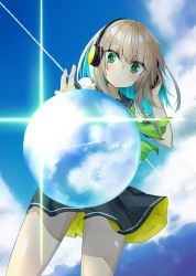 Rule 34 | 1girl, black skirt, blonde hair, blue hair, blush, closed mouth, cloud, cowboy shot, eyes visible through hair, green eyes, headphones, kavka, looking at viewer, medium hair, multicolored hair, original, outdoors, skirt, sky, solo, standing, sunlight, two-sided fabric, two-sided skirt
