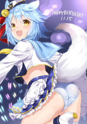 Rule 34 | 1girl, :3, animal ears, ass, azur lane, bell, blue hair, blue panties, blue skirt, crop top, crop top overhang, fox ears, fox tail, frilled skirt, frills, fubuki (azur lane), fubuki (fubuki halation!) (azur lane), hair bell, hair ornament, happy birthday, hat, idol, idol clothes, jingle bell, layered skirt, looking at viewer, looking back, midriff, mini hat, open mouth, panties, sailor hat, short hair, skirt, smile, solo, tail, torimaru, underwear, yellow eyes