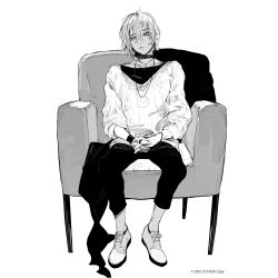 Rule 34 | 1boy, armchair, bracelet, chair, choker, closed mouth, coat, copyright notice, crossed bangs, full body, greyscale, hair between eyes, highres, holostars, interlocked fingers, jewelry, looking at viewer, male focus, monochrome, official art, own hands together, pants, pendant, raised eyebrows, rikka (holostars), ring, shirt, shoes, short hair, simple background, sitting, solo, sweater, uneven eyes, unrefle, unworn coat, virtual youtuber, white background