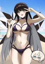 Rule 34 | 1boy, 1girl, 9bit, absurdres, arknights, arm up, bare arms, bare shoulders, bikini, black bikini, black hair, blonde hair, blue eyes, blue sky, breasts, bright pupils, chibi, cloud, colored inner hair, commentary, cousins, cowboy shot, day, executor (arknights), grey eyes, grey hair, hand up, highres, jitome, large breasts, long hair, multicolored hair, navel, sky, standing, stomach, sweatdrop, swimsuit, thighs, v over eye, very long hair, virtuosa (arknights)