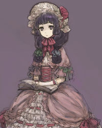 Rule 34 | 1girl, adapted costume, alternate hairstyle, bonnet, book, corset, dress, egawa satsuki, elbow gloves, female focus, frills, gathers, gloves, gown, patchouli knowledge, pink dress, purple eyes, purple hair, short sleeves, simple background, solo, too many, touhou, twintails, victorian