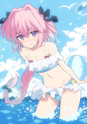 Rule 34 | 1boy, astolfo (fate), astolfo (sparkling frills) (fate), ball, bare shoulders, beachball, bikini, bikini skirt, black bow, bow, braid, fate/apocrypha, fate/grand order, fate (series), frills, hair between eyes, hair bow, hair intakes, hair ribbon, highres, long hair, looking at viewer, male focus, multicolored hair, navel, off-shoulder bikini, off shoulder, official alternate costume, outdoors, pink bow, pink hair, purple eyes, ribbon, single braid, sky, solo, standing, streaked hair, striped bikini, striped clothes, swimsuit, tranquillianusmajor, trap