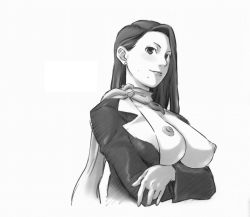 Rule 34 | ace attorney, artist request, breast hold, breasts, capcom, cleavage, covered erect nipples, crossed arms, earrings, huge breasts, jewelry, large breasts, lips, lipstick, long hair, magatama, makeup, mia fey, mole, monochrome, necklace, necktie, nipples, no bra, open clothes, open shirt, scarf, shirt, sweat, sweatdrop, worried
