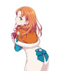 Rule 34 | 1girl, annette fantine dominic, book, dress, fire emblem, fire emblem: three houses, from behind, fur trim, green eyes, hiyori (rindou66), holding, holding book, looking back, nintendo, orange hair, simple background, solo, white background