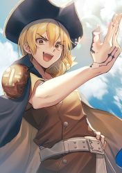 Rule 34 | 1boy, :d, black hat, blonde hair, brown eyes, brown jacket, cape, cloud, day, dr. stone, grey cape, hair between eyes, hat, jacket, lens flare, looking at viewer, male focus, nanami ryuusui, nanase (nns 6077), open mouth, outdoors, pirate hat, short hair, short sleeves, smile, solo