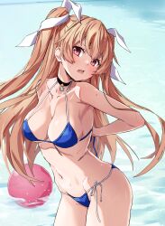 Rule 34 | 1girl, absurdres, adjusting clothes, adjusting swimsuit, arms behind back, ball, bare shoulders, beachball, bikini, black choker, blue bikini, blush, breasts, choker, cleavage, highres, johnston (kancolle), kantai collection, light brown hair, long hair, looking at viewer, medium breasts, navel, open mouth, pink eyes, scan, shiny skin, side-tie bikini bottom, simple background, solo, star (symbol), stomach, swimsuit, takanashi kei (hitsujikan), thighs, water, water drop, wet