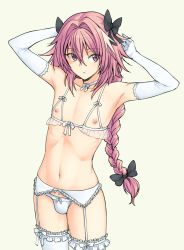 Rule 34 | 1boy, armpits, arms up, astolfo (fate), bare shoulders, beige background, bikini, bikini top only, black bow, black ribbon, bow, bow panties, braid, bulge, choker, closed mouth, collarbone, commentary, cowboy shot, elbow gloves, expressionless, eyes visible through hair, fate/apocrypha, fate (series), frills, garter belt, gloves, hair between eyes, hair bow, hair intakes, hair ribbon, highres, long hair, looking at viewer, male focus, multicolored hair, navel, nippleless clothes, nipples, panties, pas (paxiti), pink eyes, pink hair, ribbon, ribbon choker, see-through, simple background, single braid, solo, standing, stomach, streaked hair, swimsuit, thighhighs, trap, underwear, underwear only, very long hair, white bikini, white choker, white gloves, white hair, white panties, white ribbon, white thighhighs, yellow background