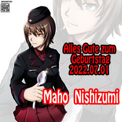 Rule 34 | 1girl, artist logo, birthday, black hat, black jacket, brown eyes, brown hair, character name, closed mouth, commentary, dated, dress shirt, garrison cap, german text, girls und panzer, happy birthday, hat, holding, holding spoon, jacket, kuromorimine military uniform, long sleeves, looking to the side, military, military hat, military uniform, miniskirt, nishi itsumi, nishizumi maho, pleated skirt, red shirt, shirt, short hair, skirt, smile, solo, spoon, uniform, wing collar, zoom layer