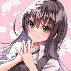 Rule 34 | 1girl, black hair, black vest, blush, breasts, cherry blossom print, closed mouth, collared shirt, eyebrows hidden by hair, finger to mouth, fingernails, floral print, green eyes, hands on own chest, hands up, highres, large breasts, long hair, looking at viewer, natsume ai, neck ribbon, own hands together, petals, pink background, portrait, ribbon, ririi (ai-my talikng), sakura no toki, shirt, smile, solo, straight hair, suspenders, tsurime, upper body, v-shaped eyebrows, vest, white shirt