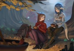 Rule 34 | 2girls, absurdres, aoshiseven, au ra, backpack, bag, boots, bowl, carrot, couple, cross-laced footwear, crossed legs, earrings, final fantasy, final fantasy xiv, food, forest, glasses, highres, horns, jacket, jewelry, kalandria karinael, lace-up boots, leaf, miqo&#039;te, multiple girls, nature, ornate ring, outdoors, pants, ring, scales, sitting, tail, tree, vivian yorshka, warrior of light (ff14), wedding ring