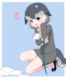 Rule 34 | 1girl, alternate costume, bad id, bad twitter id, black footwear, blowhole, blue eyes, blue hair, blush, bow, cetacean tail, collared shirt, commentary request, fins, fish tail, formal, gradient hair, grey hair, grey jacket, grey skirt, hair behind ear, hair bow, hand in own hair, heart, high heels, holding, holding paper, ilyfon133, jacket, kemono friends, kneeling, long sleeves, looking at viewer, multicolored hair, narwhal (kemono friends), office lady, paper, pencil skirt, picking up, shirt, short hair with long locks, skirt, skirt suit, solo, suit, suit jacket, tail, white hair, white shirt