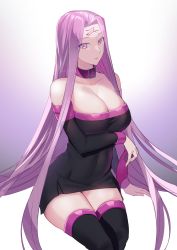 Rule 34 | 1girl, bare shoulders, black dress, black sleeves, black thighhighs, unworn blindfold, breasts, cleavage, collar, collarbone, commentary request, detached sleeves, dress, facial mark, fate/stay night, fate (series), forehead, forehead mark, large breasts, lips, long hair, looking at viewer, medusa (fate), medusa (rider) (fate), parted lips, pink eyes, pink hair, pink lips, sentaku nori, short dress, sitting, solo, square pupils, straight hair, strapless, strapless dress, thighhighs, tube dress, very long hair