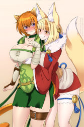 Rule 34 | 2girls, :q, alternate breast size, animal ear fluff, animal ears, belt, blonde hair, blush, grabbing another&#039;s breast, breasts, brown eyes, brown hair, cat ears, cat girl, cat tail, cleavage, collarbone, commentary, commission, female focus, fingerless gloves, fire emblem, fire emblem: path of radiance, fire emblem fates, fox ears, fox girl, fox tail, from behind, fur trim, gloves, grabbing, large breasts, lethe (fire emblem), lindaroze, medium hair, multiple girls, nintendo, o-ring, o-ring belt, purple eyes, selkie (fire emblem), tail, thigh strap, thighs, tongue, tongue out, trait connection, watermark, web address, yuri