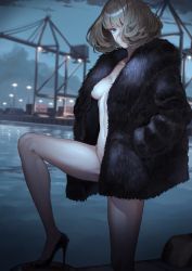 Rule 34 | 1girl, brown hair, coat, container, covered face, crane (machine), duplicate, fur coat, groin, hand in pocket, high heels, highres, kaoming, looking at viewer, navel, original, outdoors, public indecency, public nudity, sky, solo, stiletto heels, water, wind