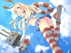 Rule 34 | 10s, 1girl, :d, ass, blonde hair, blue sailor collar, blue skirt, cloud, cloudy sky, commentary request, crop top, day, elbow gloves, gloves, hair between eyes, highres, innertube, kantai collection, long hair, miniskirt, open mouth, pleated skirt, rensouhou-chan, revision, sailor collar, shimakaze (kancolle), shingyou (alexander-13), skindentation, skirt, sky, sleeveless, smile, solo, striped clothes, striped thighhighs, swim ring, thighhighs, white gloves, yellow eyes