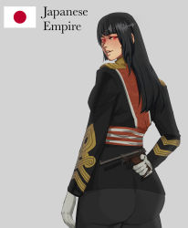 Rule 34 | 1girl, ass, black hair, flag, gloves, glowing, glowing eyes, gun, handgun, hearts of iron, highres, huge ass, imperial japanese army, japanese flag, kaiserreich, long sleeves, looking at viewer, looking back, military, military uniform, nambu type 14, personification, red eyes, solo, uniform, unitedprovinces, weapon