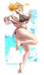 Rule 34 | absurdres, barefoot, bikini, bikini under clothes, blonde hair, blush, breasts, embarrassed, feet, gintm, green eyes, highres, large breasts, motion blur, open mouth, outside border, pointy ears, ponytail, soles, spread toes, swimsuit, toes, visor cap, wardrobe malfunction