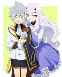 Rule 34 | 1boy, 1girl, aged down, alternate costume, ascot, black shorts, blue cape, blue dress, blue eyes, blush, buttons, cape, commentary request, dress, fate/grand order, fate (series), flower, formal, frilled dress, frilled skirt, frills, grey hair, hair between eyes, hands on another&#039;s shoulders, height difference, highres, long hair, looking at viewer, melusine (fate), melusine (second ascension) (fate), open mouth, percival (fate), pirohi (pirohi214), pointy hair, rose, short hair, short shorts, shorts, side cape, sidelocks, signature, skirt, smile, suit, teeth, white ascot, white flower, white hair, white rose, yellow eyes