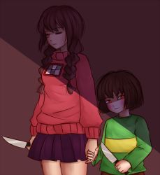 Rule 34 | 1girl, androgynous, black hair, blush, braid, brown hair, chara (undertale), child, closed eyes, crossover, hair over shoulder, height difference, holding, holding hands, holding knife, knife, ktokei (kurokku-tokei), looking at viewer, madotsuki, one eye closed, pink shirt, red eyes, shadow, shirt, skirt, spoilers, sweater, twin braids, undertale, yume nikki