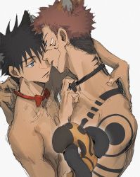 Rule 34 | 2boys, absurdres, animal ears, arm tattoo, black hair, blue eyes, bow, bowtie, closed mouth, extra eyes, facial tattoo, fushiguro megumi, highres, jujutsu kaisen, male focus, multiple boys, panther boy, panther ears, panther tail, pectorals, pink hair, ryoumen sukuna (jujutsu kaisen), short hair, shoulder tattoo, spiked hair, tail, tattoo, tiger boy, tiger ears, tiger tail, topless male, undercut, woshihedawei, yaoi