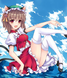 Rule 34 | 1girl, alternate costume, animal ears, blush, brown hair, cat ears, cat tail, chen, cloud, day, fred0092, highres, mary janes, multiple tails, nekomata, shoes, short hair, skirt, sky, solo, tail, thighhighs, touhou, two tails, vest, white thighhighs