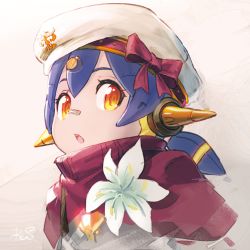 Rule 34 | :o, bandaid, bandaid on face, bandaid on nose, blue hair, bow, capelet, commentary request, flower, hair ornament, hat, hat bow, headgear, mechanical ears, nintendo, orange eyes, parted lips, pink bow, poppi (xenoblade), poppi alpha (xenoblade), red capelet, reiesu (reis), ringed eyes, signature, solo, upper body, white flower, white hat, xenoblade chronicles (series), xenoblade chronicles 2