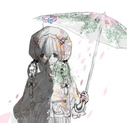 Rule 34 | 1girl, 2999tears, absurdres, buttons, closed mouth, faux traditional media, hair between eyes, halo, highres, holding, holding umbrella, long bangs, looking at viewer, monochrome, original, screentones, simple background, solo, spot color, standing, umbrella, upper body, white background