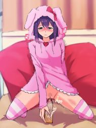 Rule 34 | 1girl, animal hood, artist request, bed, blush, bottle, bottomless, bow, breasts, closed mouth, curtains, female pubic hair, green eyes, heart, hood, hoodie, idolmaster, idolmaster million live!, kneeling, long hair, long sleeves, medium breasts, mochizuki anna, no panties, peeing, peeing in bottle, pillow, pink hoodie, pink thighhighs, pubic hair, purple hair, pussy, red bow, solo, spoken heart, spread legs, striped clothes, striped thighhighs, thighhighs, trembling, uncensored