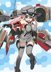 Rule 34 | 00s, 10s, 1girl, :d, anchor, bad id, bad pixiv id, bismarck (kancolle), bismarck (kancolle) (cosplay), blush, cannon, cosplay, endou aya, glasses, grey thighhighs, hat, kantai collection, long hair, lucky star, military hat, open mouth, pink hair, purple eyes, smile, solo, takara miyuki, take (shokumu-taiman), thighhighs, turret, voice actor connection, weapon