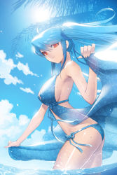 Rule 34 | 1girl, bikini, blue bikini, blue hair, breasts, large breasts, long hair, lowres, luthica preventer, luticar, red eyes, ribbon, side-tie bikini bottom, smile, solo, swimsuit, sword girls, transparent, twintails, water, wet