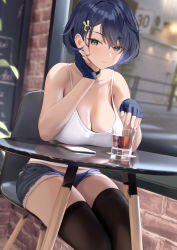 Rule 34 | 1girl, alternate costume, black choker, black hair, black thighhighs, blue archive, blue gloves, breast rest, breasts, breasts on table, brick wall, camisole, chihiro (blue archive), choker, cleavage, closed mouth, denim, denim shorts, drink, elbow rest, fingerless gloves, glass, gloves, green eyes, hair between eyes, hair ornament, hairpin, head rest, highres, indoors, large breasts, looking at viewer, no eyewear, on chair, preview (preview0), restaurant, short hair, shorts, sitting, solo, thighhighs, thighs, white camisole, window