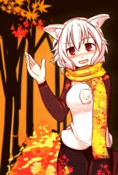 Rule 34 | 1girl, :d, adapted costume, animal ears, autumn leaves, black skirt, blurry, blush, breasts, brown eyes, cowboy shot, depth of field, furorina, head tilt, highres, inubashiri momiji, leaf print, long sleeves, looking at viewer, medium breasts, no headwear, no headwear, nose blush, open mouth, pom pom (clothes), print scarf, print skirt, scarf, shirt, short hair, skirt, smile, solo, touhou, white hair, white shirt, wolf ears