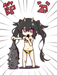 Rule 34 | 1girl, amano kouki, bikini, black hair, chibi, eating, horns, long hair, looking at viewer, note-chan, oni, original, purple eyes, simple background, solo, swimsuit, twintails, very long hair, weapon, white background