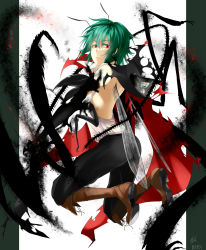 Rule 34 | 1girl, androgynous, antennae, backless outfit, bifrst, boots, cape, green hair, highres, insect wings, knee boots, looking at viewer, looking back, pants, red eyes, reverse trap, solo, torn cape, torn clothes, touhou, wings, wriggle nightbug