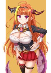 Rule 34 | 1girl, ahoge, black jacket, black thighhighs, blouse, bow, breasts, brooch, cleavage, cleavage cutout, clothing cutout, commentary, cowboy shot, diagonal-striped bow, dragon girl, dragon horns, dragon tail, framed breasts, hairband, hand on own hip, highres, hololive, horns, jacket, jewelry, kazenokaze, kiryu coco, kiryu coco (1st costume), large breasts, leg belt, long hair, long sleeves, looking at viewer, miniskirt, multicolored hair, orange hair, pillarboxed, pleated skirt, pointy ears, red eyes, red skirt, shirt, side slit, sidelocks, single thighhigh, skindentation, skirt, smile, smug, solo, streaked hair, tail, thigh strap, thighhighs, thighs, v-shaped eyebrows, very long hair, virtual youtuber, white shirt, wing collar, zettai ryouiki