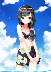 Rule 34 | 10s, 1girl, akemi homura, bare arms, bare shoulders, bikini, bikini skirt, black hair, blue sky, blush, breasts, cleavage, closed mouth, cloud, collarbone, contrapposto, cowboy shot, day, eyebrows, eyewear on head, floral print, frilled bikini, frills, front-tie bikini top, front-tie top, glasses, hair ornament, hair over shoulder, hair scrunchie, highres, legs apart, long hair, looking at viewer, low ponytail, mahou shoujo madoka magica, mahou shoujo madoka magica (anime), medium breasts, nail polish, ocean, outdoors, own hands together, print bikini, purple eyes, red-framed eyewear, rin2008, scrunchie, shade, sky, solo, standing, summer, sunglasses, swimsuit, wading, water drop, wet, white nails