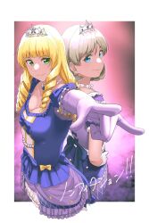 Rule 34 | 2girls, \m/, absurdres, back-to-back, bead necklace, beads, blonde hair, blue eyes, blunt bangs, border, breasts, cleavage, closed mouth, commentary request, dress, drill hair, gloves, gradient background, green eyes, grey hair, heanna sumire, highres, jewelry, looking at viewer, love live!, love live! superstar!!, medium breasts, multiple girls, necklace, nonfiction!! (love live!), outside border, puffy short sleeves, puffy sleeves, purple dress, s sho mkrn, short sleeves, standing, tang keke, tiara, translation request, upper body, white border, white gloves