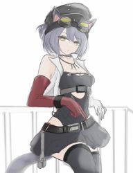 Rule 34 | 1girl, animal ears, arknights, asymmetrical gloves, belt, cabbie hat, cat ears, cat girl, cat tail, chest belt, gloves, goggles, green hair, hat, highres, jewelry, leotard, mismatched gloves, necklace, orange eyes, rockrock (arknights), short hair, skirt, tail, thighhighs, vest, wrench