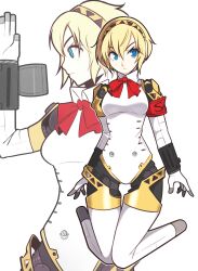 Rule 34 | 1girl, absurdres, aegis (persona), android, arm up, blonde hair, blue eyes, breasts, closed mouth, commentary, hair between eyes, highres, jeff miga, joints, mechanical legs, medium breasts, multiple views, persona, persona 3, red ribbon, ribbon, robot joints, short hair, simple background, v-shaped eyebrows, white background
