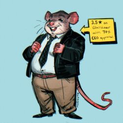 Rule 34 | 1boy, animal ears, artist name, belt, black eyes, black jacket, black necktie, blue background, brown belt, collared shirt, commentary, english commentary, fat, fat man, full body, highres, jacket, long sleeves, male focus, megan (megnutk), mouse boy, mouse ears, mouse tail, necktie, obese, open clothes, open jacket, open mouth, original, pants, shirt, simple background, solo, standing, tail, teeth, whiskers, white shirt