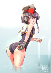 Rule 34 | 1girl, adjusting clothes, adjusting swimsuit, artist name, ass, asymmetrical hair, black gloves, black hair, black one-piece swimsuit, blue one-piece swimsuit, breasts, brown eyes, cowboy shot, framed breasts, from behind, gloves, hair between eyes, hat, headphones, i-13 (kancolle), kantai collection, looking at viewer, looking back, one-piece swimsuit, partially fingerless gloves, pool, pool ladder, poolside, sailor collar, school swimsuit, short hair, shungikuten, single glove, small breasts, solo, swimsuit, swimsuit under clothes, tsurime, wading, water, wet, wet clothes, wet swimsuit
