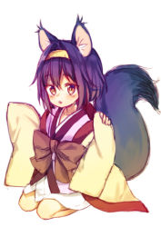 Rule 34 | 1girl, animal ear fluff, animal ears, blush, bow, brown bow, brown eyes, coat, commentary request, fang, fox ears, fox girl, fox tail, hair between eyes, hair intakes, hairband, hatsuse izuna, japanese clothes, kimono, long sleeves, looking at viewer, midorikawa you, no game no life, overcoat, parted lips, pinching sleeves, pink kimono, purple hair, seiza, short hair, short kimono, simple background, sitting, sleeves past wrists, solo, tail, white background, wide sleeves, yellow hairband