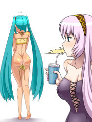 Rule 34 | 2girls, alternate costume, aqua hair, ass, back, bare arms, bare legs, bare shoulders, barefoot, bikini, unworn bikini, blue eyes, blush, body blush, bottomless, breasts, cleavage, collarbone, cross-laced clothes, dimples of venus, drink, feet, female focus, flying sweatdrops, from behind, full body, hairband, hatsune miku, highres, holding, large breasts, legs, long hair, looking at another, megurine luka, multiple girls, nail polish, narrow waist, neck, oonishi shunsuke, pink hair, pink nails, shiny skin, simple background, spit take, spitting, standing, strapless, surprised, swimsuit, tan, tanline, twintails, upper body, very long hair, vocaloid, wardrobe malfunction, white background, yellow bikini