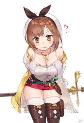 Rule 34 | 1girl, :p, armpit crease, arms behind back, atelier (series), atelier ryza, atelier ryza 1, bad id, bad pixiv id, bare shoulders, belt, beret, blue belt, blush, breasts, brown belt, brown eyes, brown hair, cleavage, clothing cutout, collarbone, commentary, eyelashes, flask, gluteal fold, hair ornament, hairclip, hat, heart, highres, holding, holding polearm, holding weapon, jacket, jehyun, jewelry, large breasts, leaning forward, leather, leather belt, looking at viewer, navel, navel cutout, necklace, off shoulder, open clothes, open jacket, polearm, pouch, red shorts, reisalin stout, round-bottom flask, shiny skin, shirt, short hair, short shorts, shorts, signature, simple background, sleeveless, sleeveless jacket, smile, solo, standing, star (symbol), star necklace, thigh gap, thigh pouch, thighhighs, thighs, tongue, tongue out, vial, weapon, white background, white hat, white shirt, white thighhighs, yellow jacket