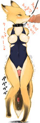 Rule 34 | 1girl, animal ears, animal hands, bad id, bdsm, bondage, bound, breast cutout, breasts, collar, crotch cutout, extra breasts, fellatio, fox, fox ears, furry, furry female, highres, leash, nipples, one-piece swimsuit, oomori harusame, oral, penis, pussy, pussy juice, school swimsuit, sex toy, simple background, slave, solo, swimsuit, tail, torn clothes, translation request, vibrator, white background, yellow eyes