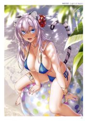 Rule 34 | 1girl, :d, absurdres, animal ears, ball, bare legs, barefoot, beach, beachball, bikini, blue bikini, blue eyes, blurry, bracelet, breasts, cleavage, collarbone, colored eyelashes, day, depth of field, flower, hair between eyes, hair flower, hair ornament, highres, jewelry, kannatsuki noboru, large breasts, leaning forward, light purple hair, long hair, looking at viewer, looking up, navel, non-web source, o-ring, o-ring bikini, open mouth, outdoors, scan, side-tie bikini bottom, smile, solo, swimsuit, tail, thighlet, tiger ears, tiger tail, toranoana