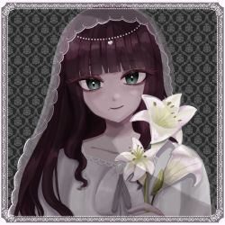 Rule 34 | 1girl, absurdres, aqua eyes, artist name, artist request, black hair, blunt bangs, breasts, collarbone, curly hair, dress, female focus, flower, gem, green eyes, highres, hime cut, holding, holding flower, kurosawa dia, long hair, looking at viewer, love live!, love live! sunshine!!, mole, mole under mouth, pearl (gemstone), small breasts, solo, upper body, white dress, white flower, white veil